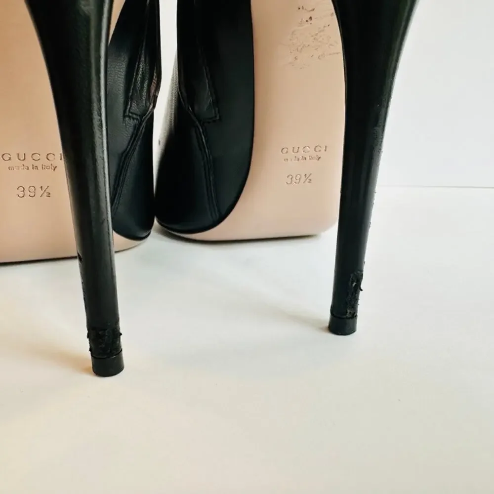 Gucci Black Ankle Boot Size 39.5 Spike Point Toe Horsebit D-Ring Gold Accent - Picture 7 of 12